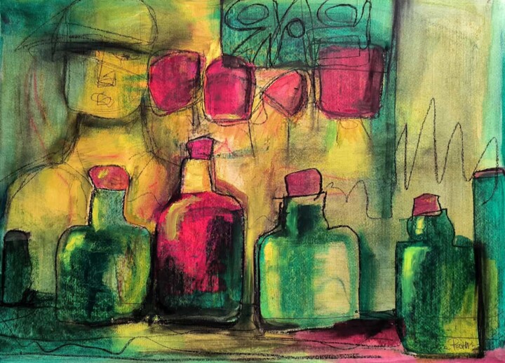 Painting titled "Bottles" by Thia Path, Original Artwork, Oil