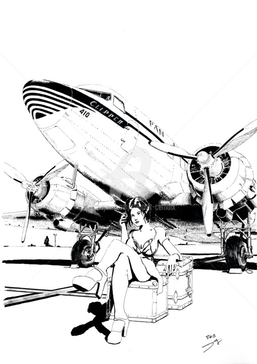 Drawing titled "DC 3 pin up" by Thibault Cernaix, Original Artwork, Ink