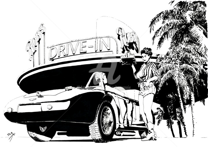 图画 标题为“Drive-in” 由Thibault Cernaix, 原创艺术品, 墨