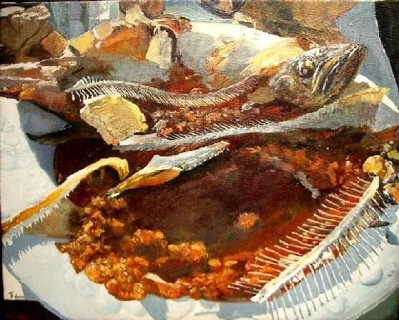 Peinture intitulée "L'assiette de poiss…" par Éric Thibodeau, Œuvre d'art originale