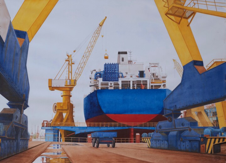Painting titled "Chantier Naval" by Thierry Brunner, Original Artwork, Watercolor