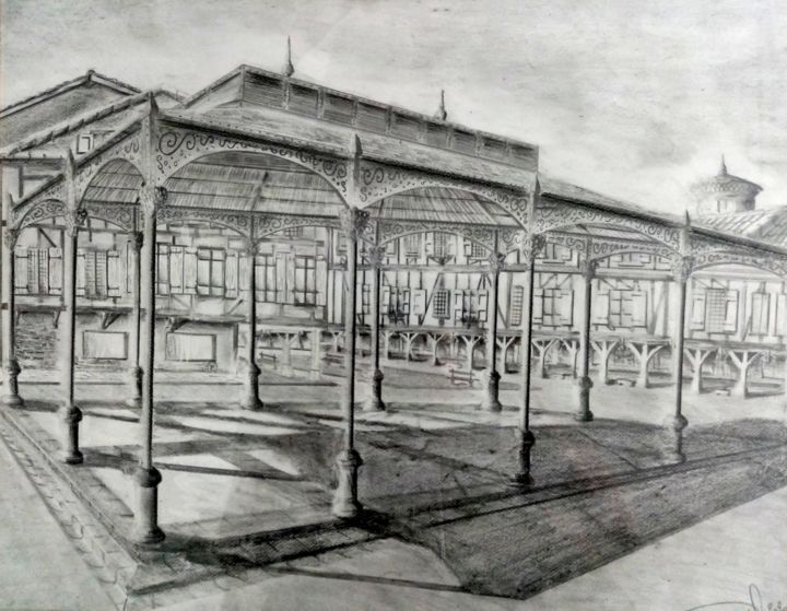 Dessin intitulée "La Halle de Mirepoi…" par Thierry Roussel, Œuvre d'art originale, Crayon Monté sur Châssis en bois