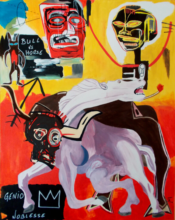 Schilderij getiteld "Bull vs Horse" door Thierry Angot, Origineel Kunstwerk, Acryl
