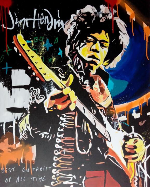 Malerei mit dem Titel "Jimi Hendrix" von Thierry Angot, Original-Kunstwerk, Acryl Auf Keilrahmen aus Holz montiert