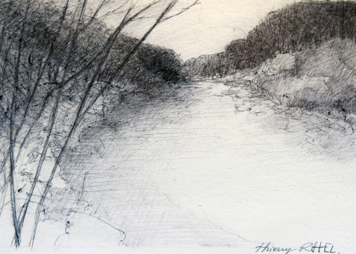 Drawing titled "paysage" by Thierry Carol Ratel, Original Artwork, Ballpoint pen Mounted on Cardboard