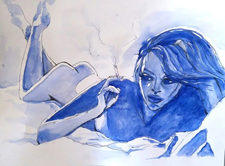 Painting titled "Blue W." by Thierry Dourthe, Original Artwork, Watercolor
