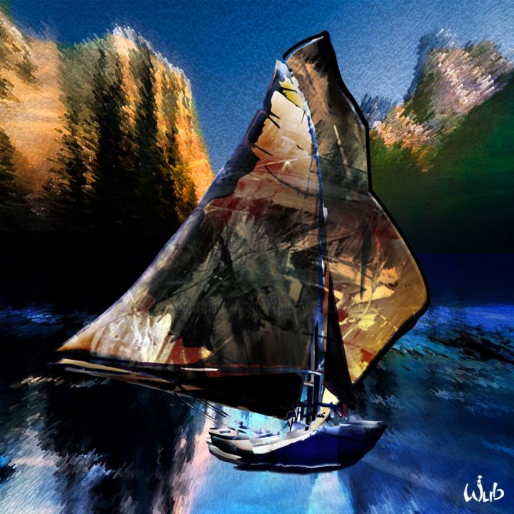 Digitale Kunst mit dem Titel "Balade sur le Lac" von Wub, Original-Kunstwerk, Digitale Malerei Auf Aluminium montiert