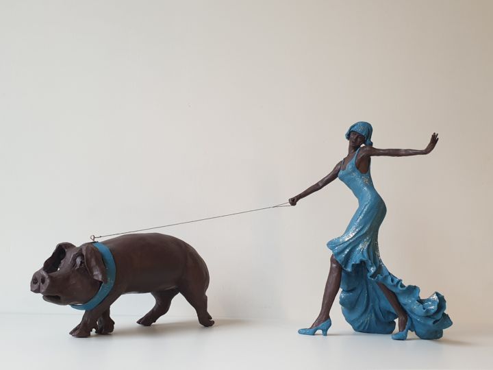 Sculpture intitulée "Promène ton porc" par Thierry Godefroid, Œuvre d'art originale, Terre cuite