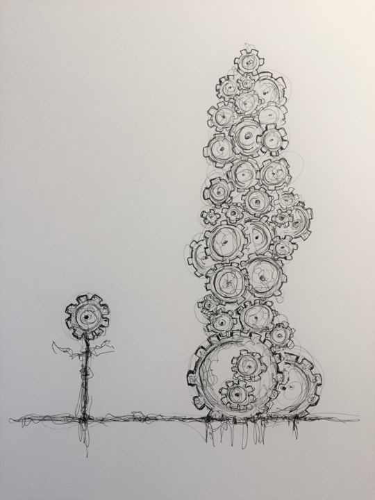 Drawing titled "Engrenages" by Thierry Guilbert, Original Artwork, Ink