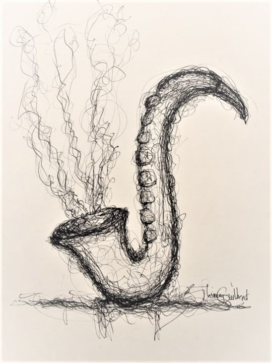 Dessin intitulée "Saxo Poulpe" par Thierry Guilbert, Œuvre d'art originale, Encre