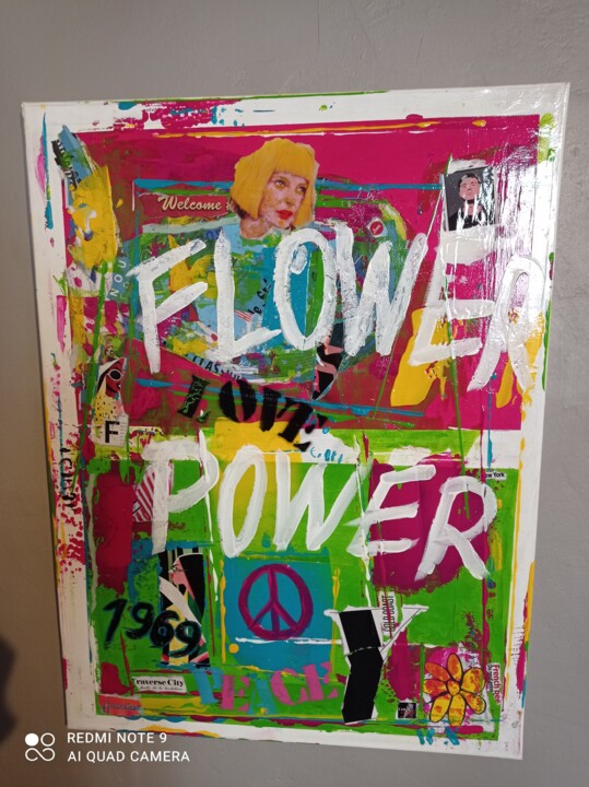 Schilderij getiteld ""Flower power"" door Thierry Herbreteau, Origineel Kunstwerk, Acryl Gemonteerd op Frame voor houten bra…