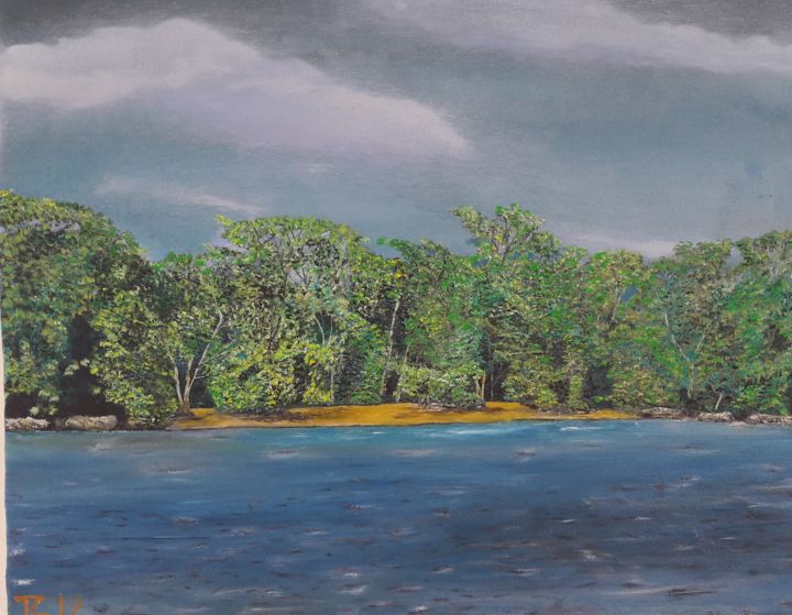 Pintura intitulada "une plage tranquille" por John Des Îles, Obras de arte originais, Óleo
