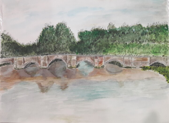 Painting titled "Pont de saint Savin" by John Des Îles, Original Artwork, Watercolor