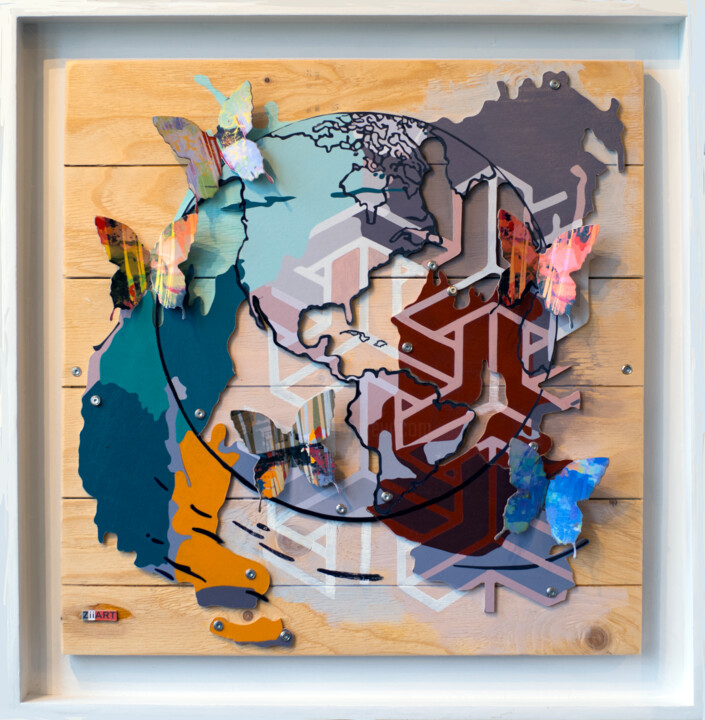 Collages titled "Le monde en couleur…" by Thierry Legrand (ziiart), Original Artwork, Collages Mounted on Wood Panel