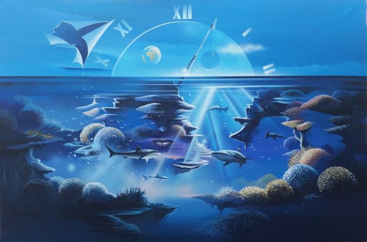 Painting titled "Temps de Requins" by Thierry Mordant, Original Artwork, Acrylic Mounted on Wood Stretcher frame