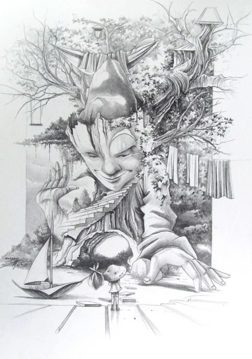 Drawing titled "Terre Paisible" by Thierry Mordant, Original Artwork, Pencil