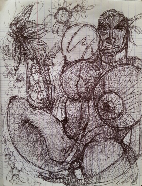 Tekening getiteld "Woman 1" door Thierry Pujalte, Origineel Kunstwerk, Balpen