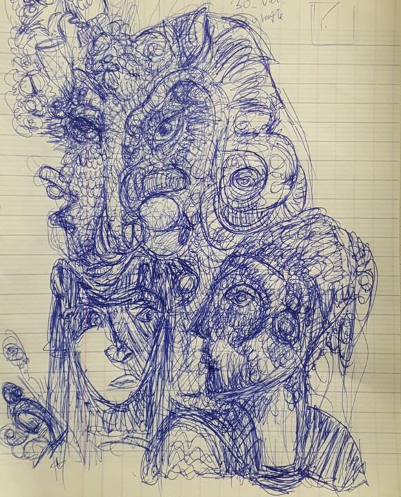 Drawing titled ""Dragon et 2 Femmes"" by Thierry Pujalte, Original Artwork, Ballpoint pen