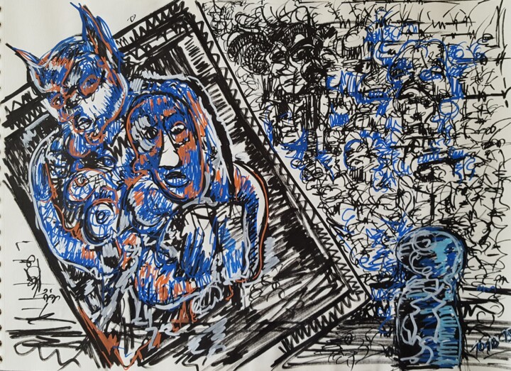 Dessin intitulée ""blue Batman"" par Thierry Pujalte, Œuvre d'art originale, Encre