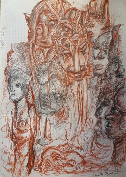 Drawing titled "Mascarade" by Thierry Pujalte, Original Artwork, Conté