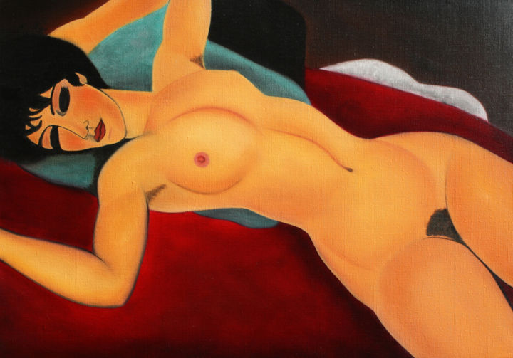 Painting titled "Nu couché les bras…" by Thierry Robert, Original Artwork, Oil