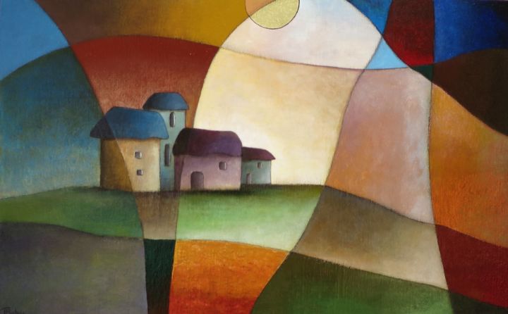 Painting titled "le hameau oublié" by Thierry Robin, Original Artwork, Gouache Mounted on Wood Stretcher frame