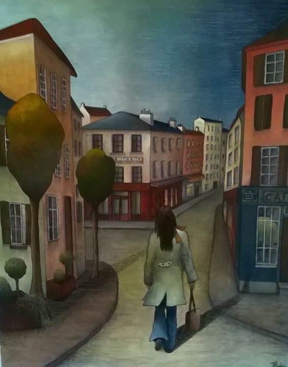 「Rue des confinés」というタイトルの絵画 Thierry Robinによって, オリジナルのアートワーク, グワッシュ水彩画 ウッドストレッチャーフレームにマウント
