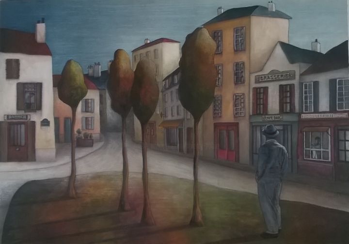 Painting titled "Rue Bellot" by Thierry Robin, Original Artwork, Gouache Mounted on Wood Stretcher frame