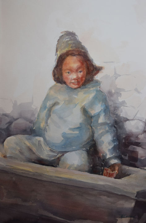 Painting titled "Enfant népalais" by Thierry Seurre, Original Artwork, Watercolor