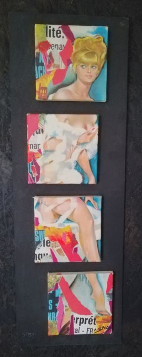 Collages titled "Sortie de bain" by Thierry Spada, Original Artwork, Collages Mounted on Wood Panel