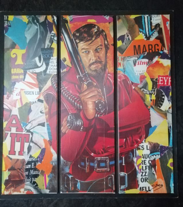 Collages titled "Roger Moore pop" by Thierry Spada, Original Artwork, Collages Mounted on Wood Panel