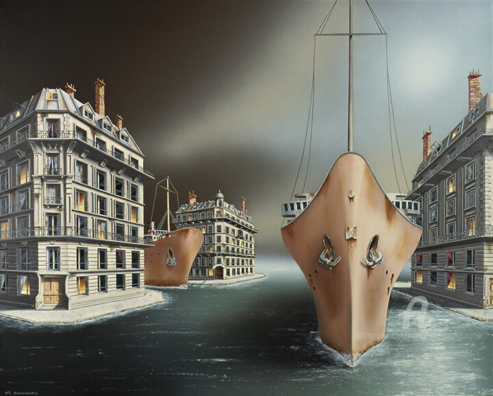 Painting titled "Passagers - Reprodu…" by Thierry Van Quickenborne, Original Artwork, Oil