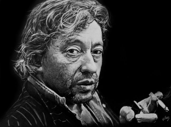 Zeichnungen mit dem Titel "Gainsbourg" von Thierry Villers, Original-Kunstwerk, Kreide