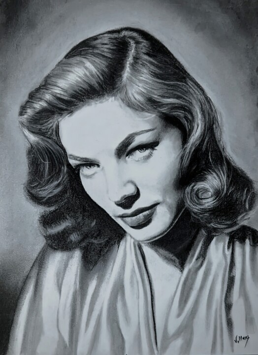Drawing titled "Lauren Bacall" by Thierry Villers, Original Artwork, Charcoal