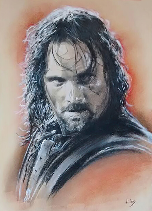 Tekening getiteld "Viggo Mortensen" door Thierry Villers, Origineel Kunstwerk, Houtskool