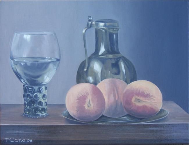 Painting titled "Nature morte aux pê…" by Thierry Cano, Original Artwork, Oil