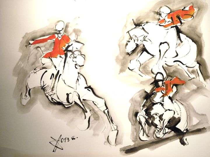Schilderij getiteld "étude saut d'obstac…" door Thierry Faure, Origineel Kunstwerk, Inkt