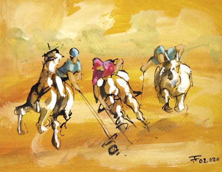 Zeichnungen mit dem Titel "Polo 7" von Thierry Faure, Original-Kunstwerk, Gouache