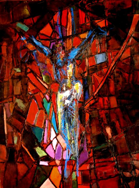 「Crucifixion-」というタイトルの絵画 Thierry Faureによって, オリジナルのアートワーク, オイル ウッドストレッチャーフレームにマウント