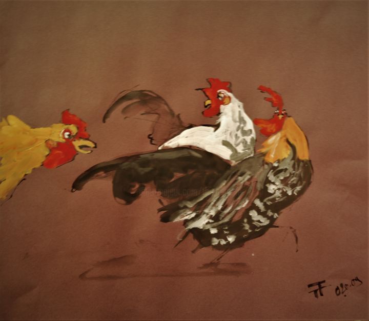 Drawing titled "Etude coqs-sur papi…" by Thierry Faure, Original Artwork, Gouache