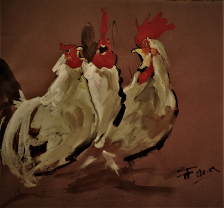 Desenho intitulada "Etude  3 coqs" por Thierry Faure, Obras de arte originais, Guache