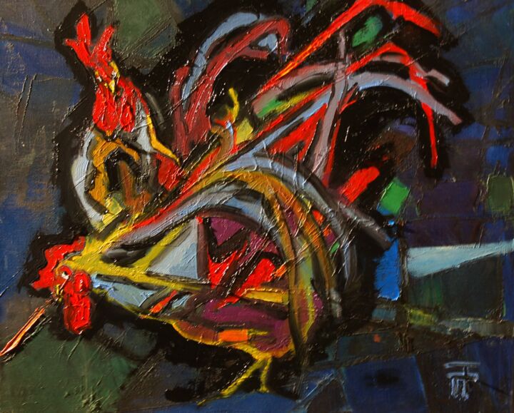 Peinture intitulée "2 coqs pour un ver" par Thierry Faure, Œuvre d'art originale, Huile