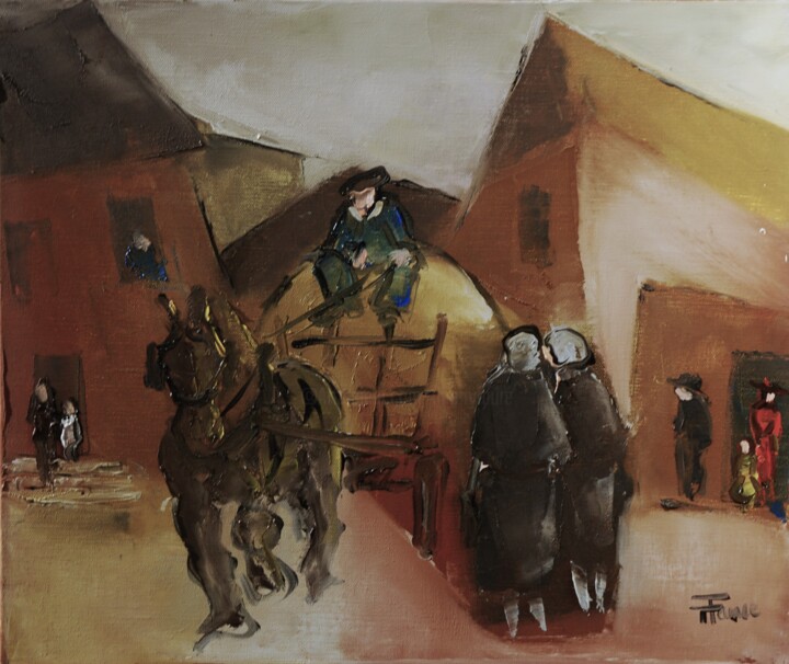 Painting titled "Dames regardant le…" by Thierry Faure, Original Artwork, Oil Mounted on Wood Stretcher frame