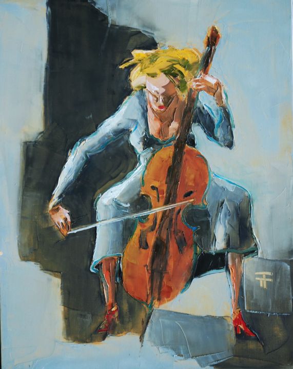 Painting titled "La-violoncelliste-e…" by Thierry Faure, Original Artwork, Oil