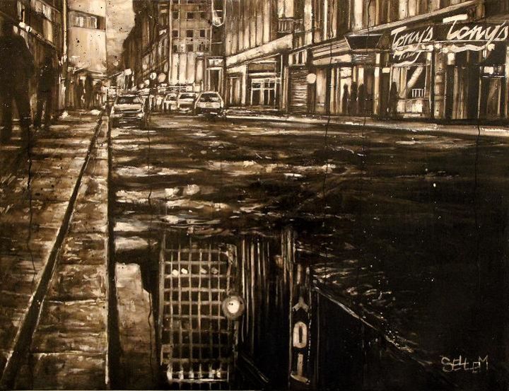 Картина под названием "rue-sous-la-pluie-n…" - Thierry Sellem, Подлинное произведение искусства