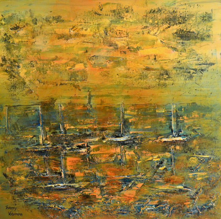 Painting titled "GOLD ABOVE THE PORT" by Thierry Vobmann, Original Artwork, Acrylic Mounted on Wood Stretcher frame