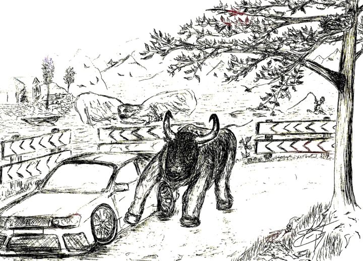 Dessin intitulée "Taureau vs voiture…" par Thomas Blondeau-Dumoulin, Œuvre d'art originale, Stylo à bille