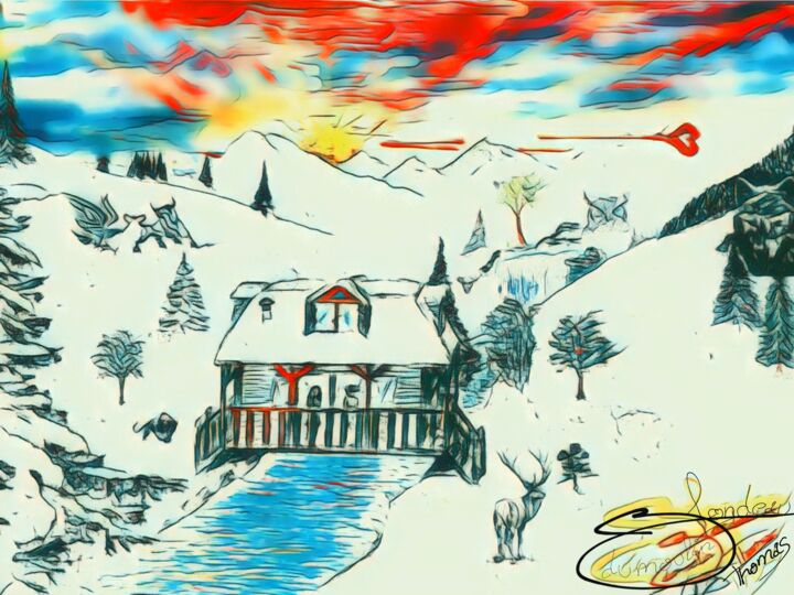 제목이 "Lueurs d'hiver"인 미술작품 Thomas Blondeau-Dumoulin로, 원작, 디지털 페인팅 목재 패널에 장착됨