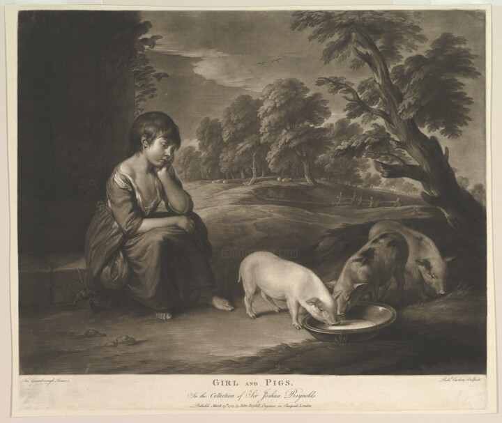 Printmaking titled "Fillette et cochons" by Thomas Gainsborough, Original Artwork, Etching