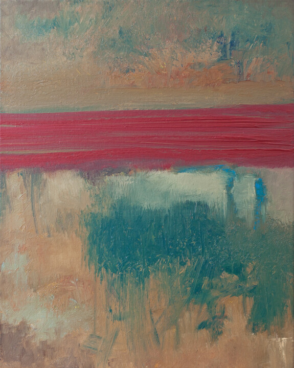 Painting titled "Crimson Waters" by Thomas Hjelm, Original Artwork, Oil Mounted on Wood Stretcher frame